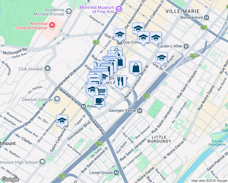 map of restaurants, bars, coffee shops, grocery stores, and more near 1220 Rue du Fort in Montréal