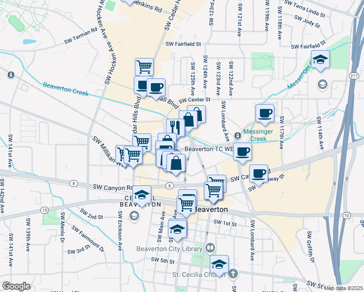 map of restaurants, bars, coffee shops, grocery stores, and more near in Beaverton