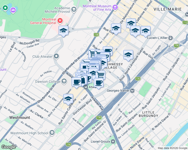 map of restaurants, bars, coffee shops, grocery stores, and more near 1414 Rue Chomedey in Montréal
