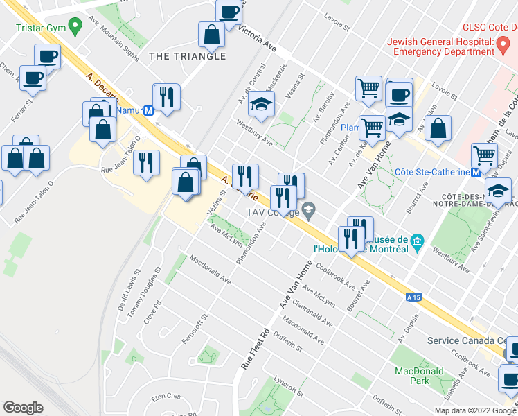 map of restaurants, bars, coffee shops, grocery stores, and more near 6500 Boulevard Décarie in Montréal