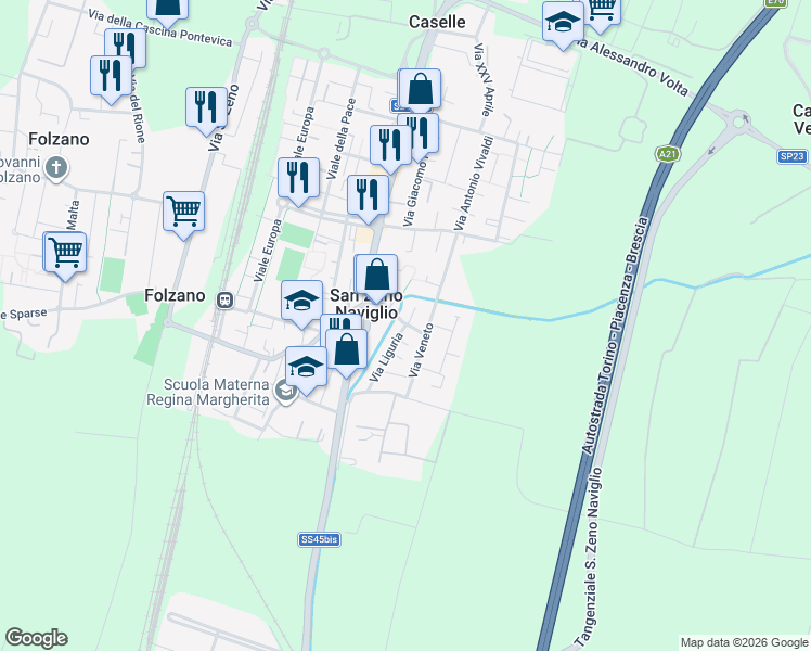 map of restaurants, bars, coffee shops, grocery stores, and more near 2 Via Lombardia in San Zeno Naviglio