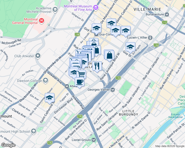 map of restaurants, bars, coffee shops, grocery stores, and more near 1214 Rue du Fort in Montréal