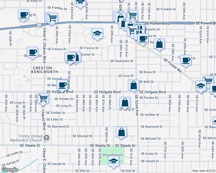 map of restaurants, bars, coffee shops, grocery stores, and more near 4729 Southeast Holgate Boulevard in Portland