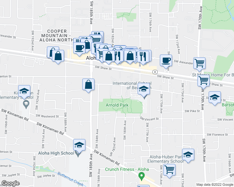 map of restaurants, bars, coffee shops, grocery stores, and more near 3967 Southwest Pinewood Way in Aloha