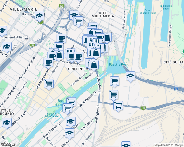 map of restaurants, bars, coffee shops, grocery stores, and more near 1340 Rue Olier in Montréal
