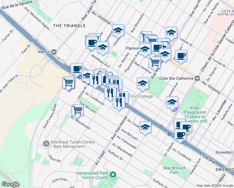 map of restaurants, bars, coffee shops, grocery stores, and more near 6405 Boulevard Décarie in Montréal