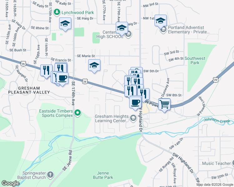 map of restaurants, bars, coffee shops, grocery stores, and more near 4736 West Powell Boulevard in Gresham