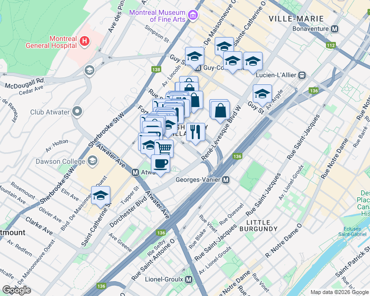 map of restaurants, bars, coffee shops, grocery stores, and more near 1220 Rue du Fort in Montréal