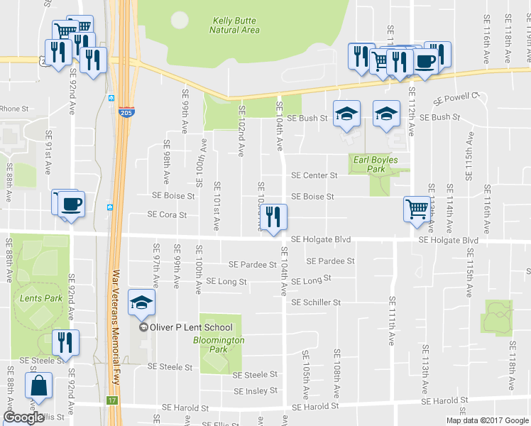 map of restaurants, bars, coffee shops, grocery stores, and more near 4304 Southeast 103rd Avenue in Portland