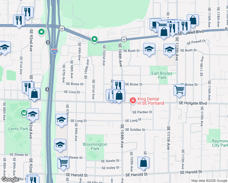 map of restaurants, bars, coffee shops, grocery stores, and more near 4304 Southeast 103rd Avenue in Portland