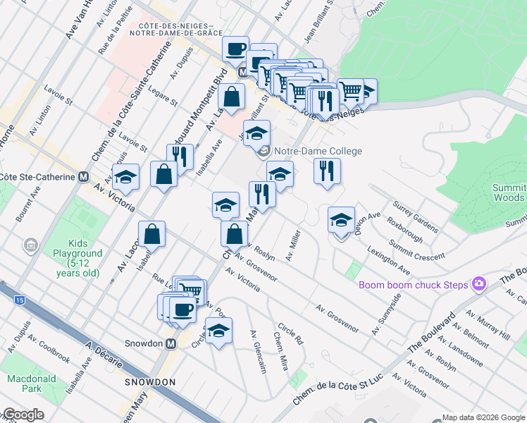 map of restaurants, bars, coffee shops, grocery stores, and more near 4570 Chemin Queen Mary in Montréal