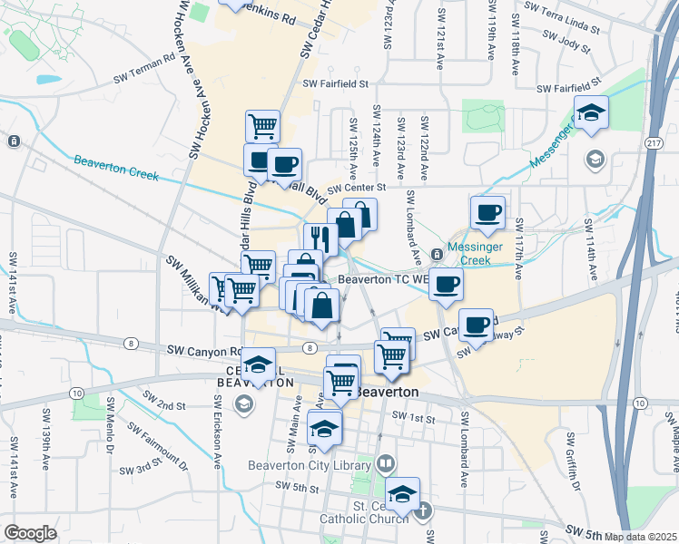 map of restaurants, bars, coffee shops, grocery stores, and more near 12600 Southwest Crescent Street in Beaverton