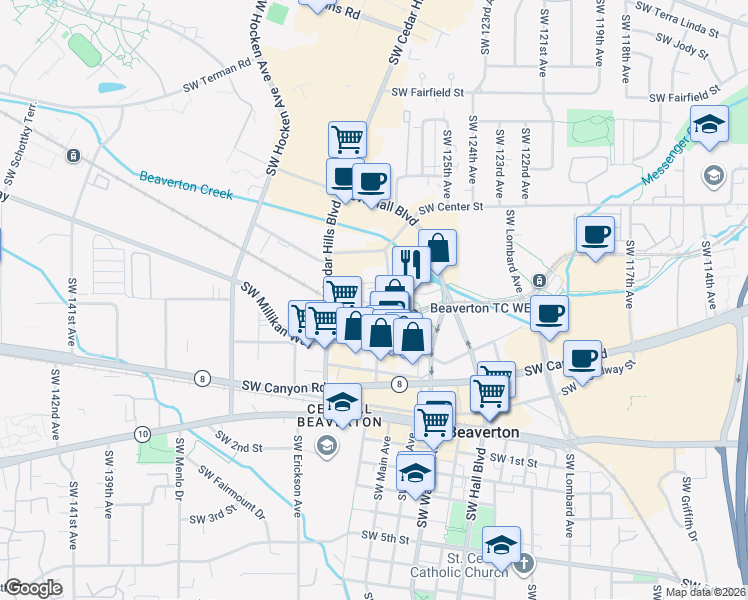 map of restaurants, bars, coffee shops, grocery stores, and more near 12700 Southwest Crescent Street in Beaverton