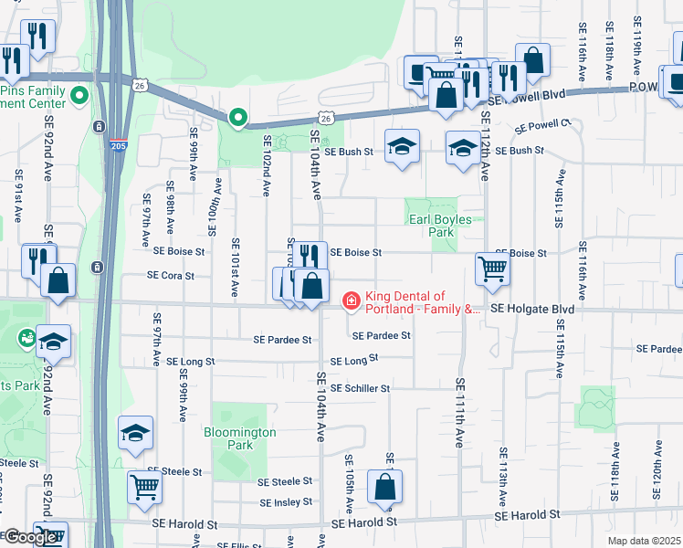 map of restaurants, bars, coffee shops, grocery stores, and more near 10505 Southeast Holgate Boulevard in Portland