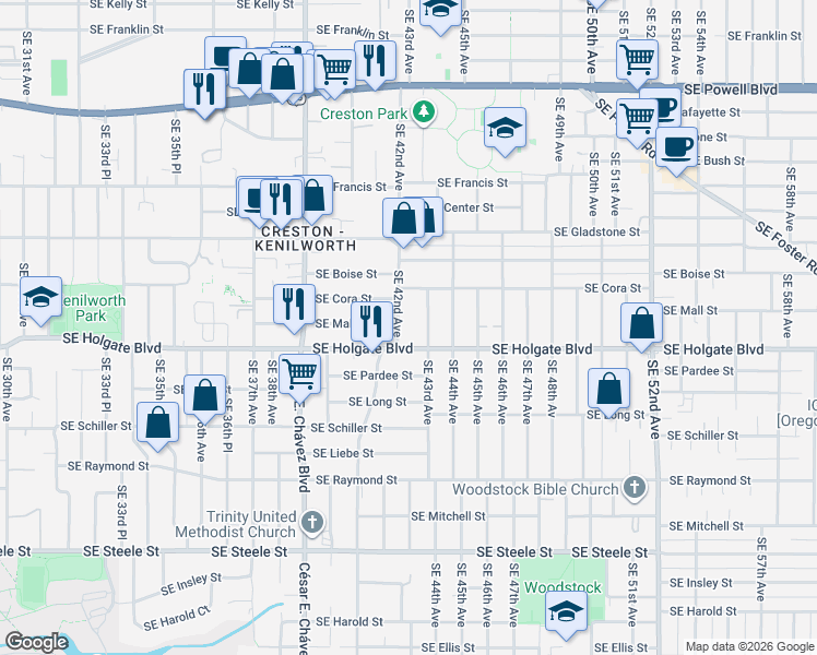 map of restaurants, bars, coffee shops, grocery stores, and more near 4430 Southeast 42nd Avenue in Portland