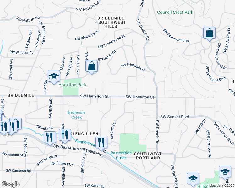 map of restaurants, bars, coffee shops, grocery stores, and more near 3824 Southwest Hamilton Street in Portland