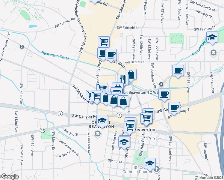 map of restaurants, bars, coffee shops, grocery stores, and more near in Beaverton