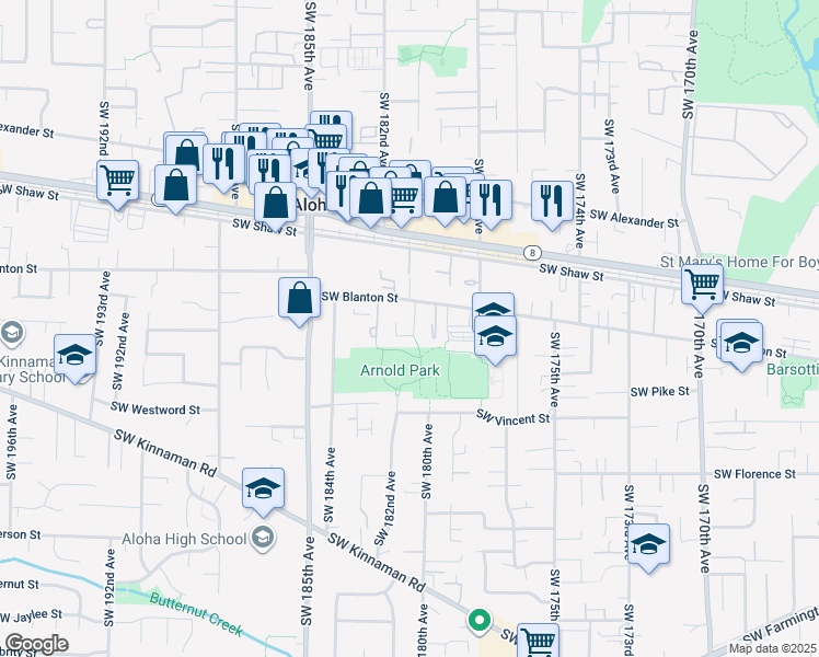 map of restaurants, bars, coffee shops, grocery stores, and more near 3962 Southwest Pinewood Way in Aloha