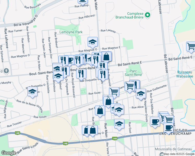 map of restaurants, bars, coffee shops, grocery stores, and more near 161 Rue Duquette Ouest in Gatineau