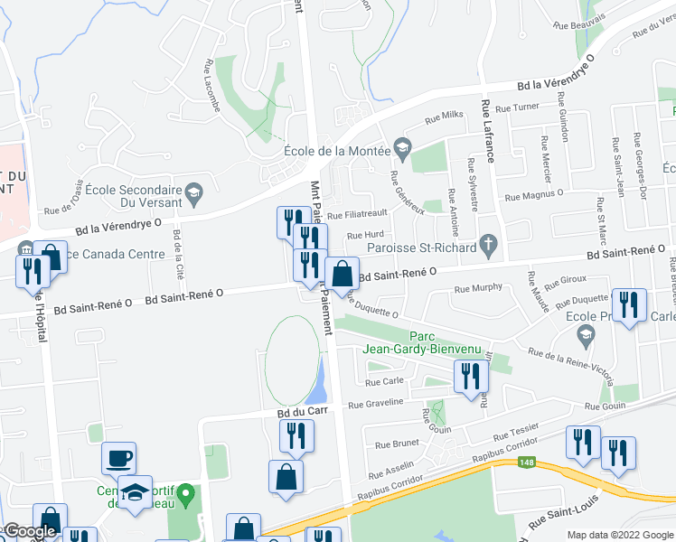 map of restaurants, bars, coffee shops, grocery stores, and more near 410 Montée Paiement in Gatineau