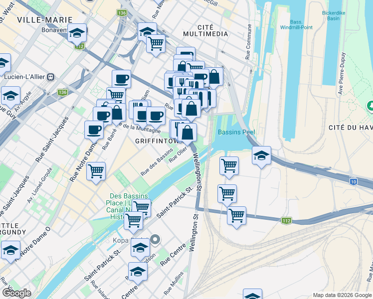 map of restaurants, bars, coffee shops, grocery stores, and more near 1320 Rue Olier in Montréal