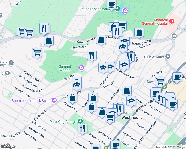 map of restaurants, bars, coffee shops, grocery stores, and more near 621 Avenue Clarke in Westmount