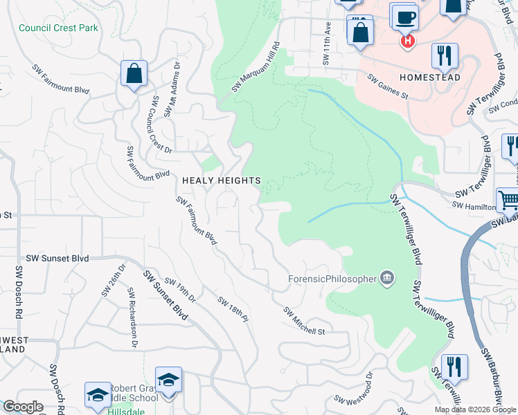 map of restaurants, bars, coffee shops, grocery stores, and more near 3059 Southwest Fairmount Boulevard in Portland
