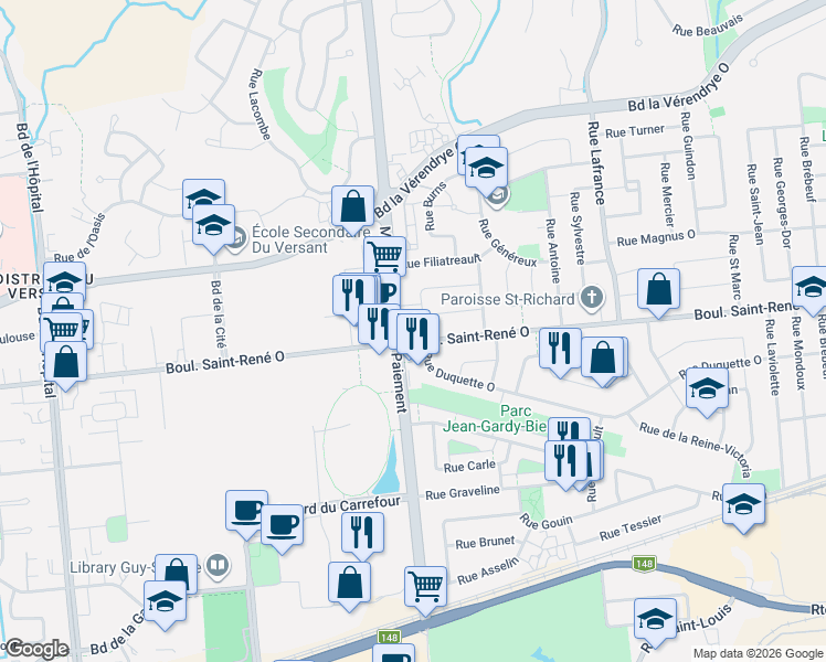 map of restaurants, bars, coffee shops, grocery stores, and more near 410 Montée Paiement in Gatineau
