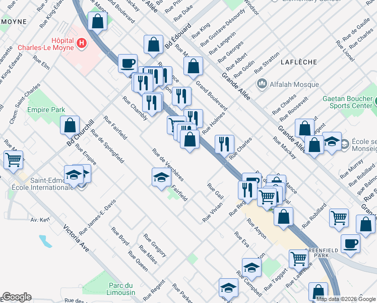 map of restaurants, bars, coffee shops, grocery stores, and more near 3514 Boulevard Taschereau in Longueuil