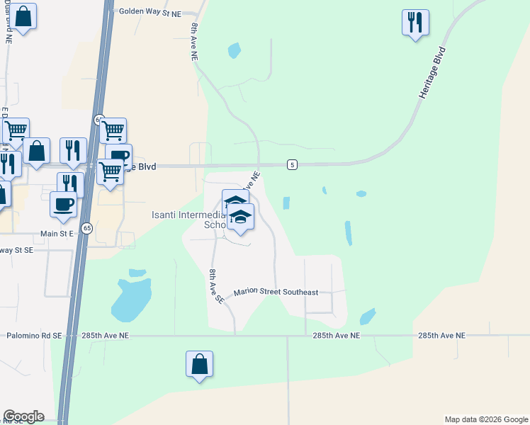 map of restaurants, bars, coffee shops, grocery stores, and more near 128 9th Avenue Northeast in Isanti