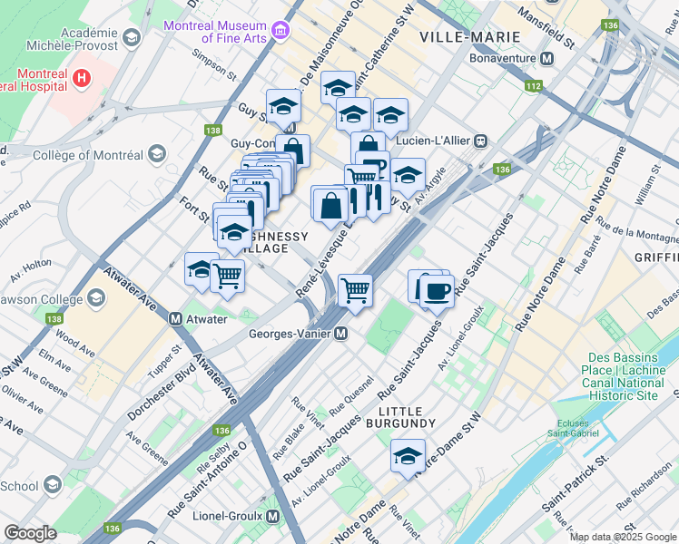 map of restaurants, bars, coffee shops, grocery stores, and more near 1035 Rue Saint-Marc in Montréal