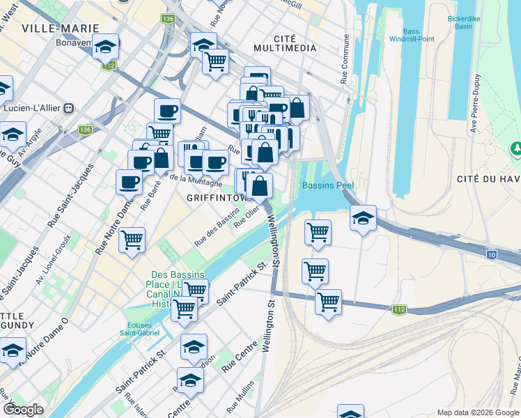 map of restaurants, bars, coffee shops, grocery stores, and more near 1320 Rue Olier in Montréal