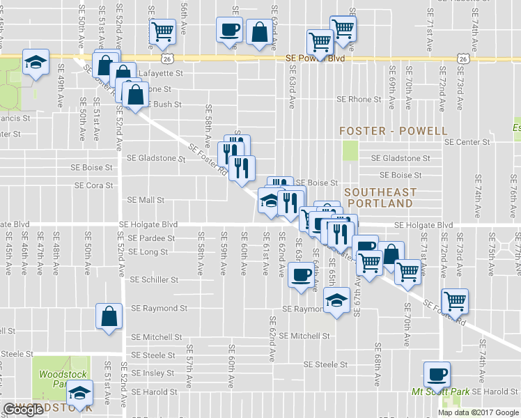 map of restaurants, bars, coffee shops, grocery stores, and more near 6112 Southeast Foster Road in Portland