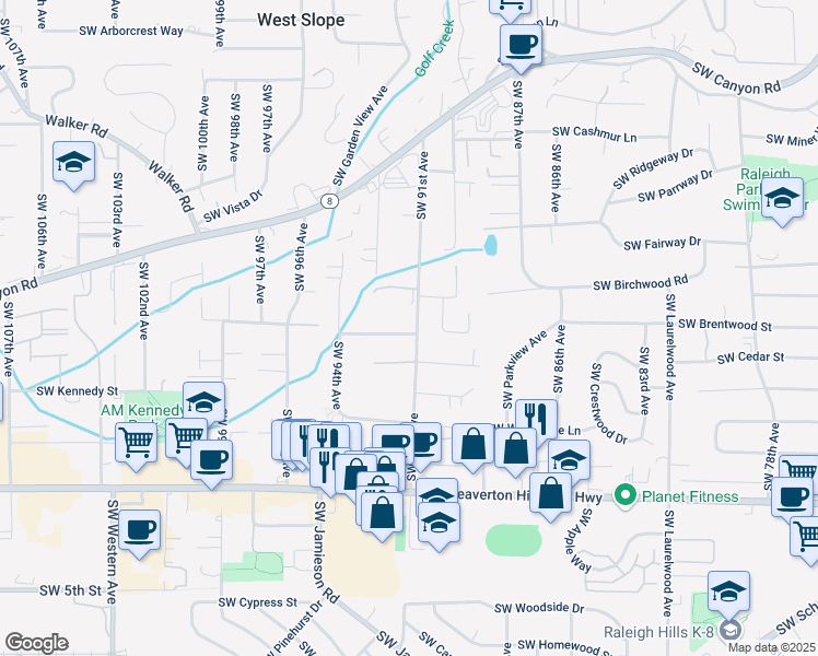 map of restaurants, bars, coffee shops, grocery stores, and more near 9105 Southwest Fir Grove Lane in Portland