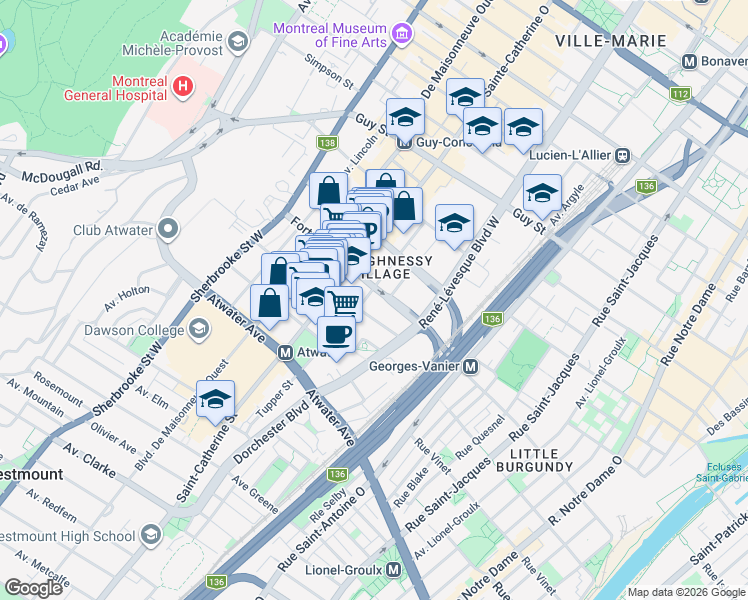 map of restaurants, bars, coffee shops, grocery stores, and more near 1240 Rue du Fort in Montréal