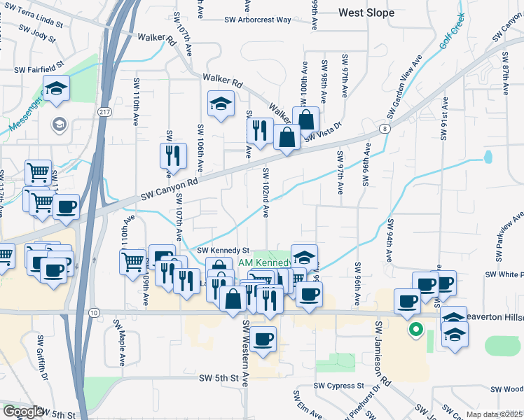 map of restaurants, bars, coffee shops, grocery stores, and more near 4055 Southwest 102nd Avenue in Beaverton