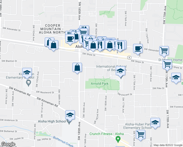 map of restaurants, bars, coffee shops, grocery stores, and more near 3967 SW 182nd Pl in Aloha