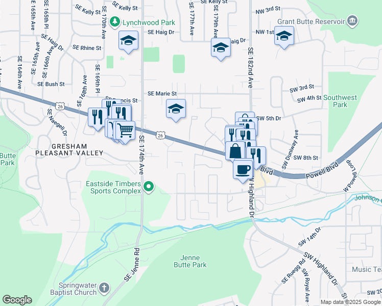 map of restaurants, bars, coffee shops, grocery stores, and more near 4808 Powell Boulevard in Gresham
