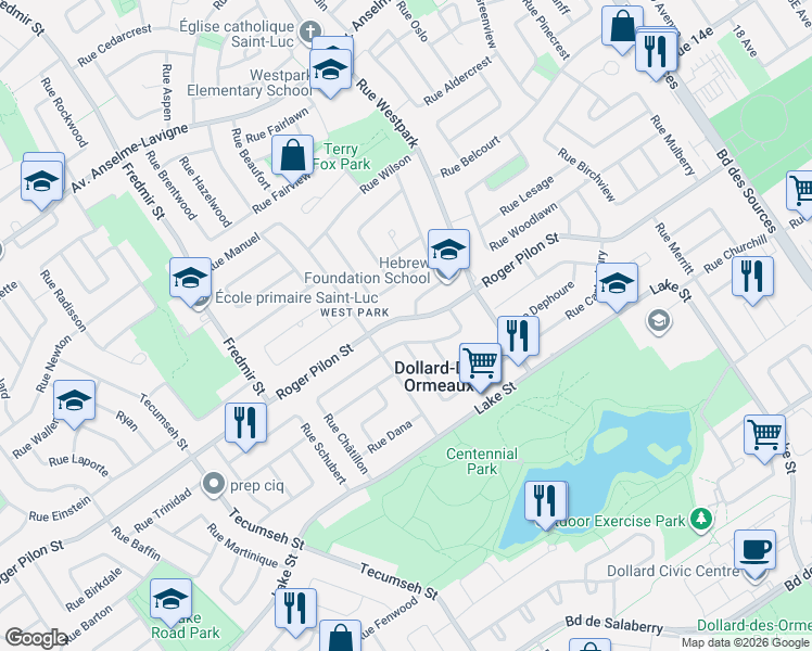 map of restaurants, bars, coffee shops, grocery stores, and more near 112 Rue Roger-Pilon in Dollard-des-Ormeaux