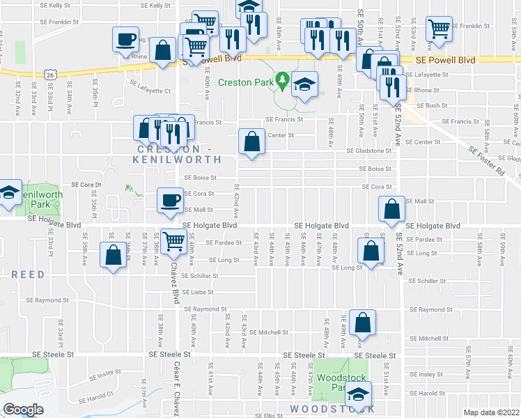 map of restaurants, bars, coffee shops, grocery stores, and more near 4420 Southeast 43rd Avenue in Portland