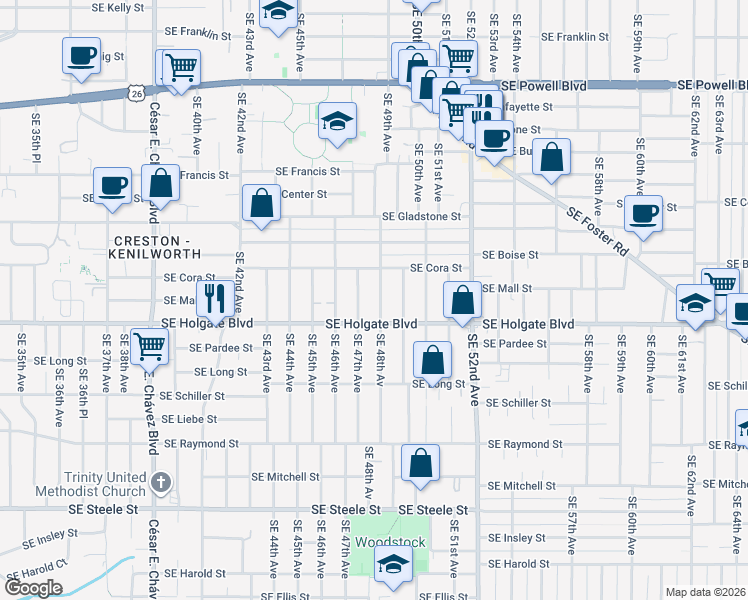 map of restaurants, bars, coffee shops, grocery stores, and more near 4729 Southeast Holgate Boulevard in Portland