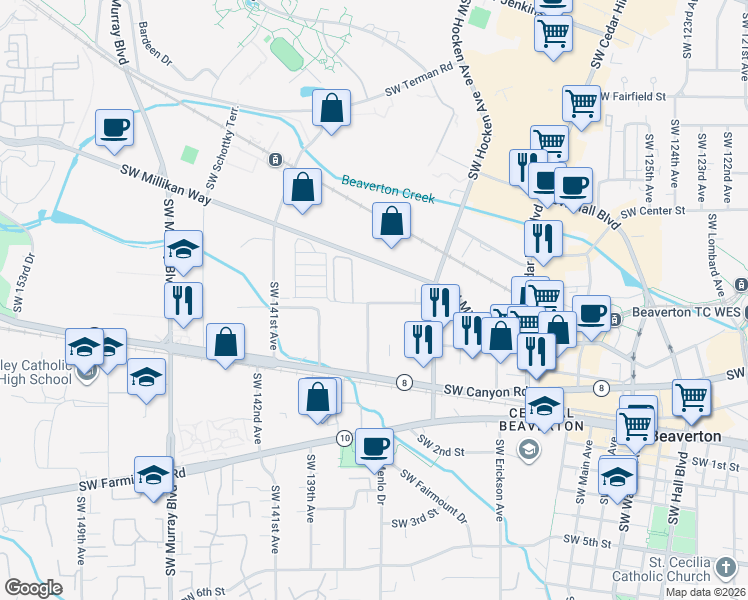 map of restaurants, bars, coffee shops, grocery stores, and more near 13683 Southwest Electric Street in Beaverton