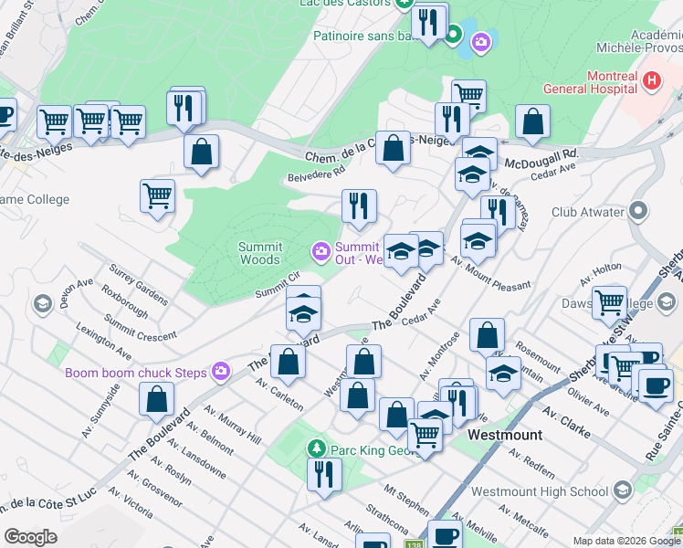 map of restaurants, bars, coffee shops, grocery stores, and more near 12 Avenue Sunnyside in Westmount