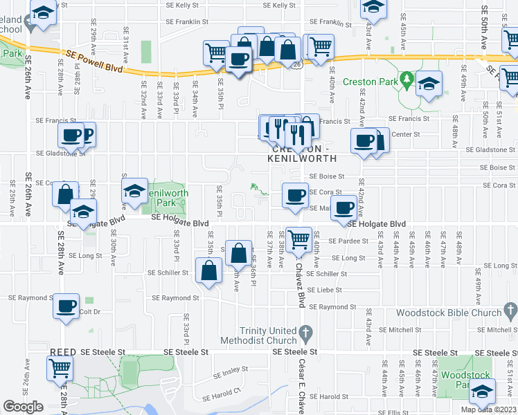 map of restaurants, bars, coffee shops, grocery stores, and more near 3673-3675 Southeast Holgate Boulevard in Portland