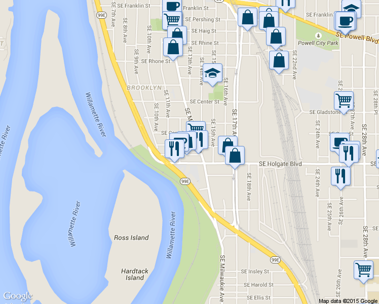 map of restaurants, bars, coffee shops, grocery stores, and more near 1315 Southeast Holgate Boulevard in Portland
