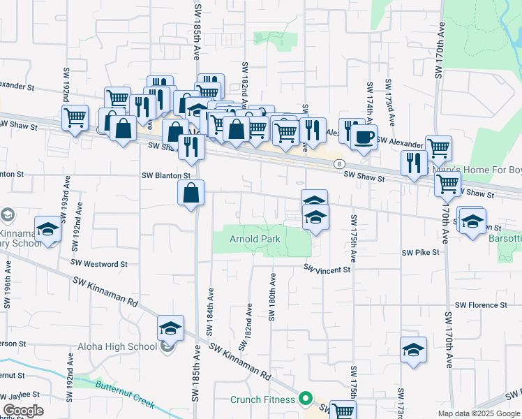 map of restaurants, bars, coffee shops, grocery stores, and more near 3962 Southwest Pinewood Way in Aloha
