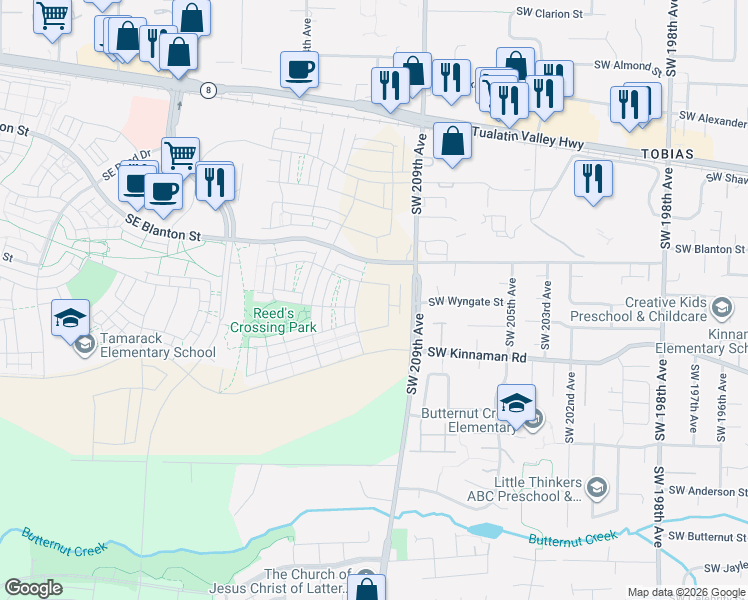 map of restaurants, bars, coffee shops, grocery stores, and more near 20870 Southwest Wyngate Street in Aloha
