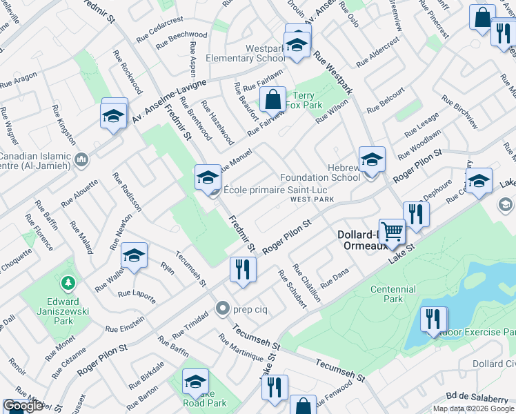 map of restaurants, bars, coffee shops, grocery stores, and more near 163 Rue Poplar in Dollard-des-Ormeaux