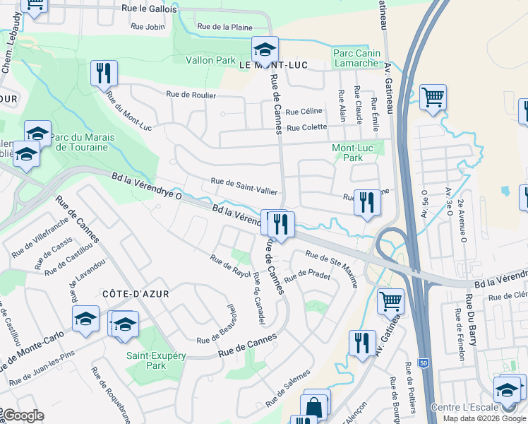 map of restaurants, bars, coffee shops, grocery stores, and more near 104 Rue de Levens in Gatineau