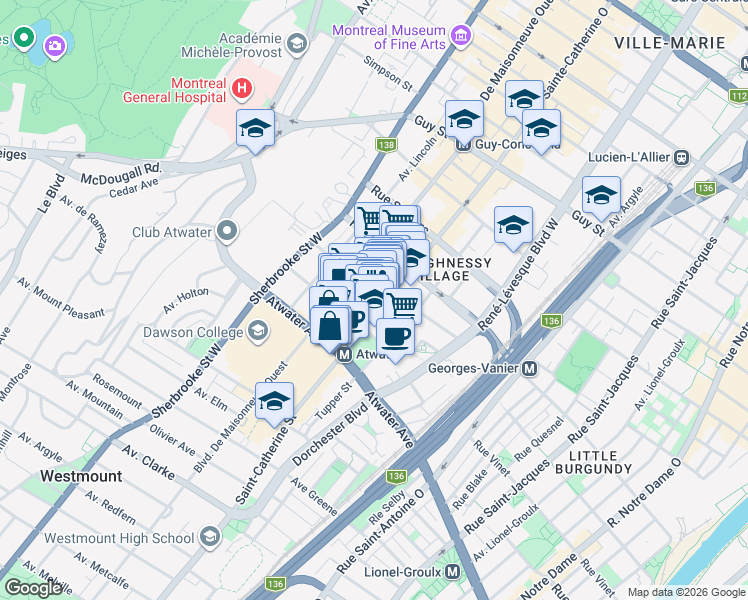 map of restaurants, bars, coffee shops, grocery stores, and more near 1414 Rue Chomedey in Montreal